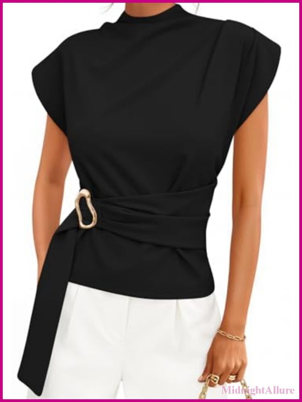 Cap Sleeve Mock Neck Blouse with Adjustable Belt Back Zip Business Casual